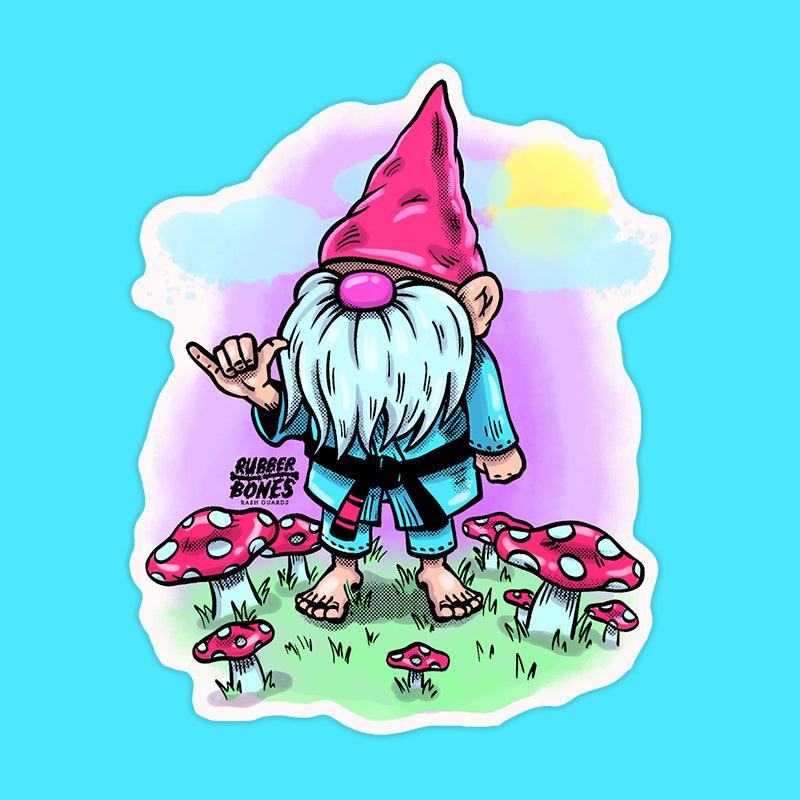 Gnome Sticker featuring a gnome in a gi with bold, whimsical artwork and a glossy finish, 3-inch vinyl sticker by Rubber Bones.