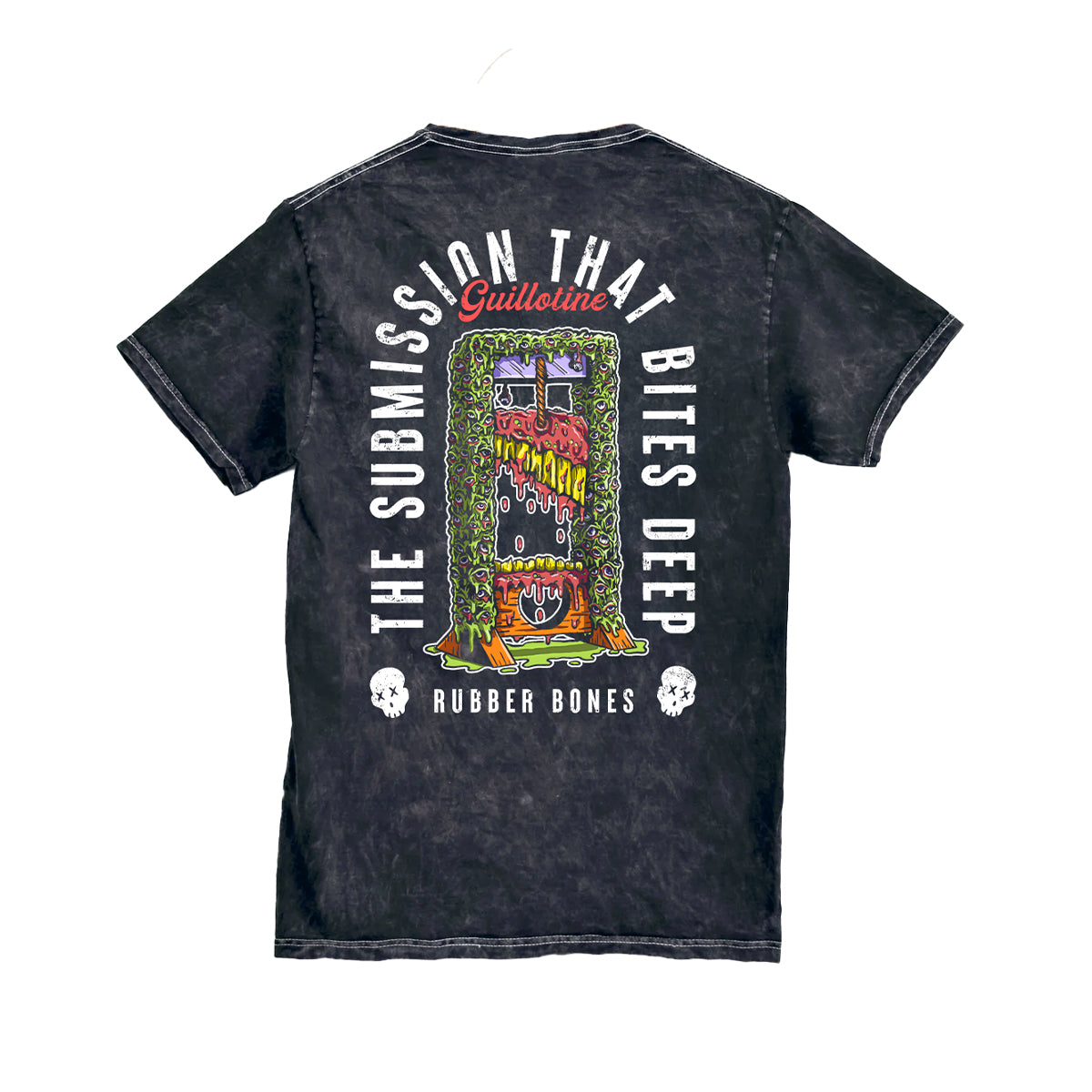 Back view of the Rubber Bones Guillotine T-Shirt in mineral black, featuring horror-inspired artwork of a slime-covered guillotine with teeth and eyeballs. Text reads ‘The Submission That Bites Deep’ and ‘Rubber Bones.’