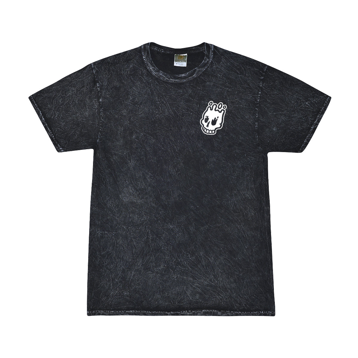 Front view of the Rubber Bones Guillotine T-Shirt in mineral black with a small white melting skull logo printed on the left chest. Each shirt has a unique mineral wash texture.