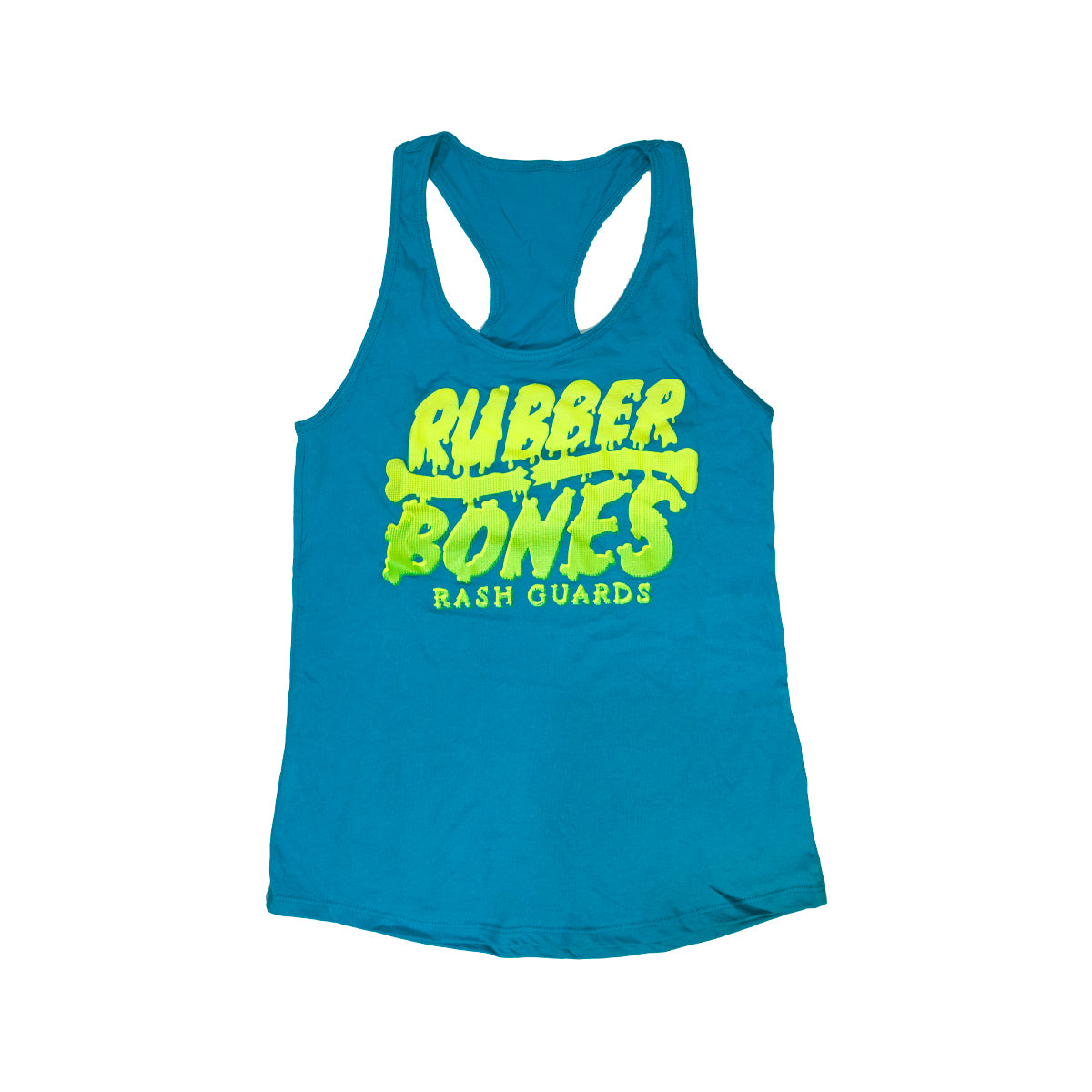 Teal women’s racerback tank top featuring 'Rubber Bones Rash Guards' in a bold, neon yellow, graffiti-inspired font with a dripping effect. The lightweight, fitted design makes it perfect for training or casual wear, blending style with comfort.