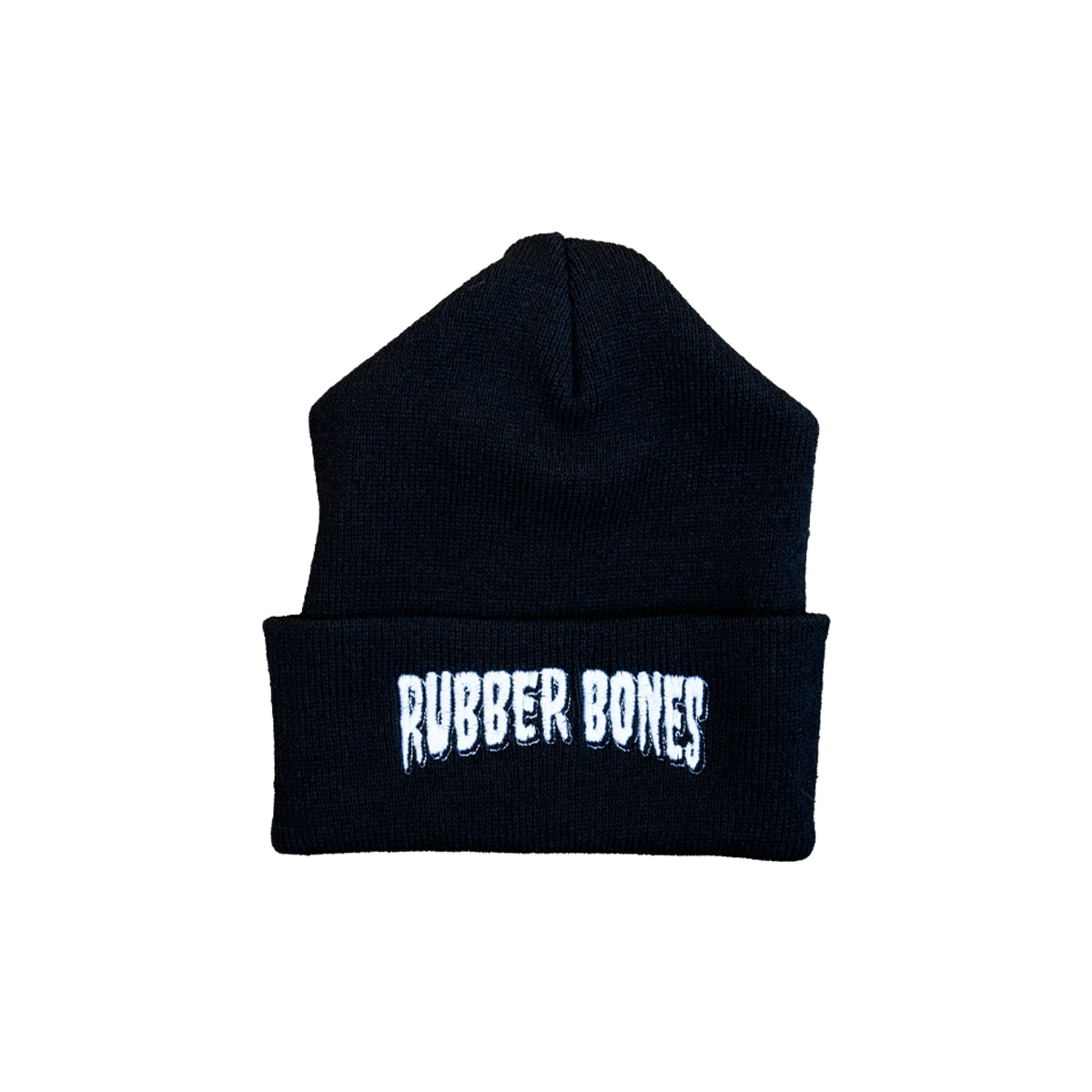 Flat lay of Rubber Bones Black Beanie featuring embroidered logo in white halloween horror inspired font.