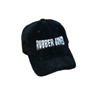 Product shot of Rubber Bones Black Corduroy Dad Hat with embroidered Rubber Bones logo.