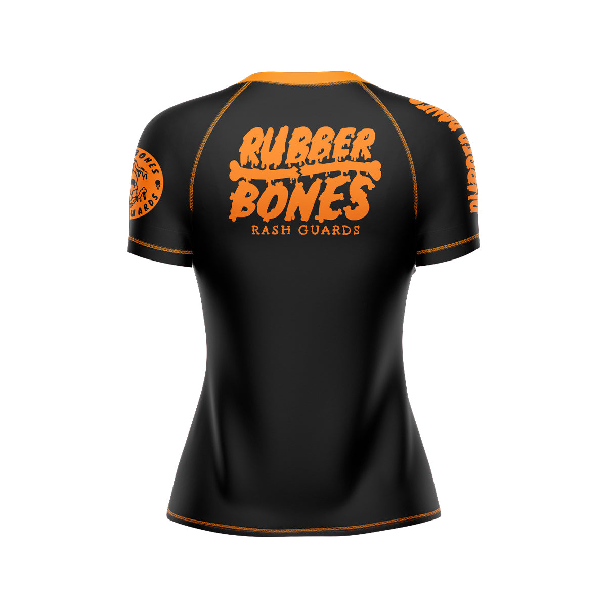 Black women's short-sleeve BJJ rash guard featuring an orange 'Rubber Bones Rash Guards' logo on the upper back. The sleeves include bold orange branding with a circular patch-style logo, complemented by orange stitching.