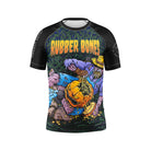 Mock-up of Pumpkin Pie Halloween Rash Guard featuring zombie farmer triangle-choking pumpkin-headed scarecrow, front view.