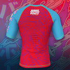 Mock-up of Hannya Drip BJJ Rash Guard in red with blue sleeves, showcasing Hannya-inspired artwork, back view.