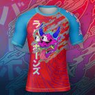 Mock-up of Hannya Drip BJJ Rash Guard in red with blue sleeves, featuring bold Hannya-inspired design, front view.
