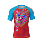 A striking rash guard with a red and blue gradient base featuring a detailed illustration of a demonic Hannya mask with neon green flames and stylized Japanese characters.