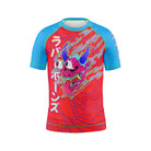 A striking rash guard with a red and blue gradient base featuring a detailed illustration of a demonic Hannya mask with neon green flames and stylized Japanese characters.