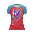 Mock-up of Hannya Drip Women’s Rash Guard in red with blue sleeves, featuring bold Hannya-inspired artwork, front view.