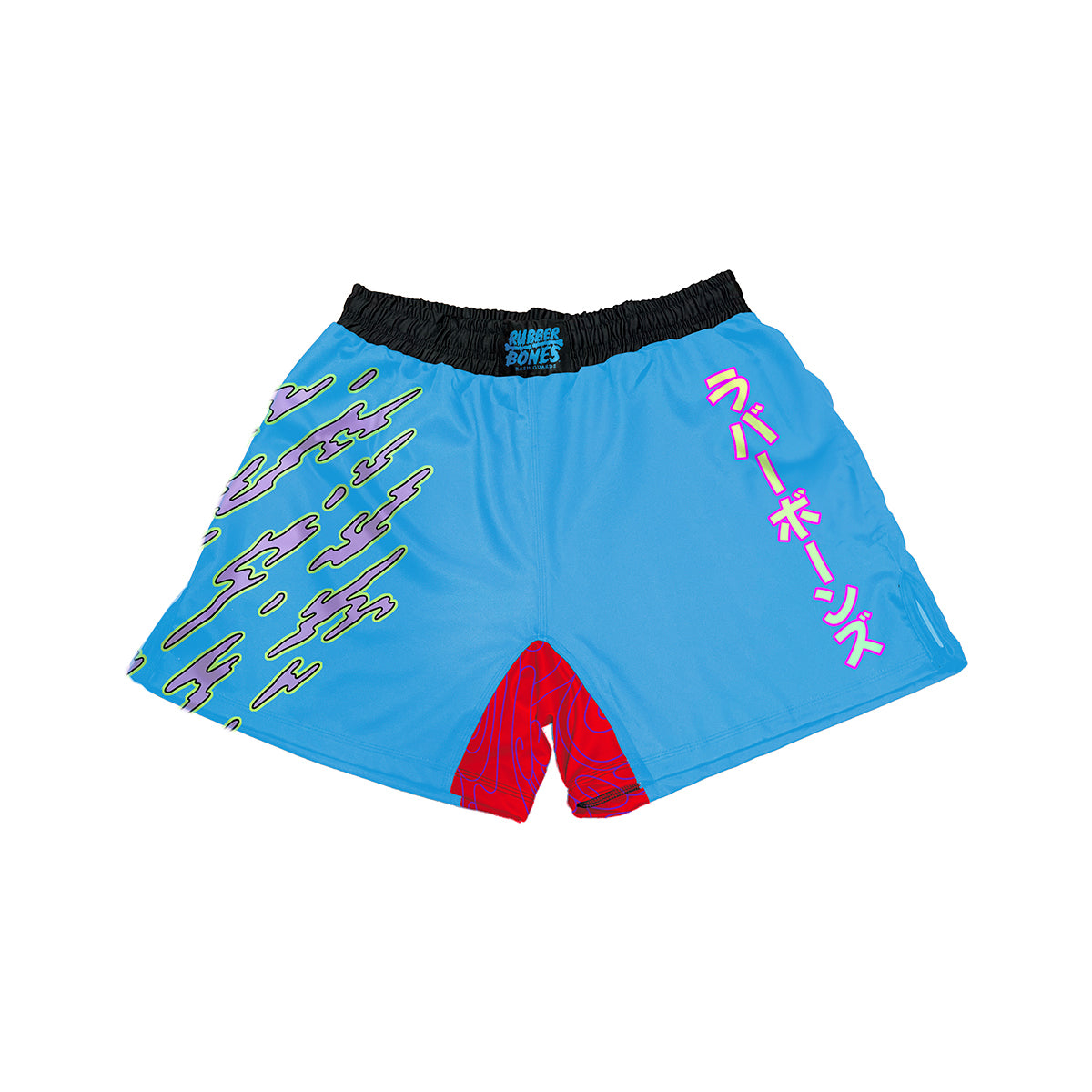 A pair of striking blue shorts with a red gusset and bold pink Japanese characters down the leg. Abstract neon green flames add extra energy to the design.