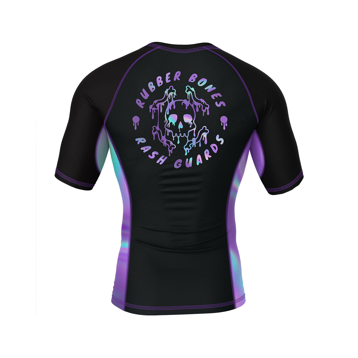 A black short-sleeve BJJ rash guard featuring a dripping skull logo with "Rubber Bones Rash Guards" written around it in neon purple and blue. The side panels have a holographic gradient blending purples, blues, and pinks.