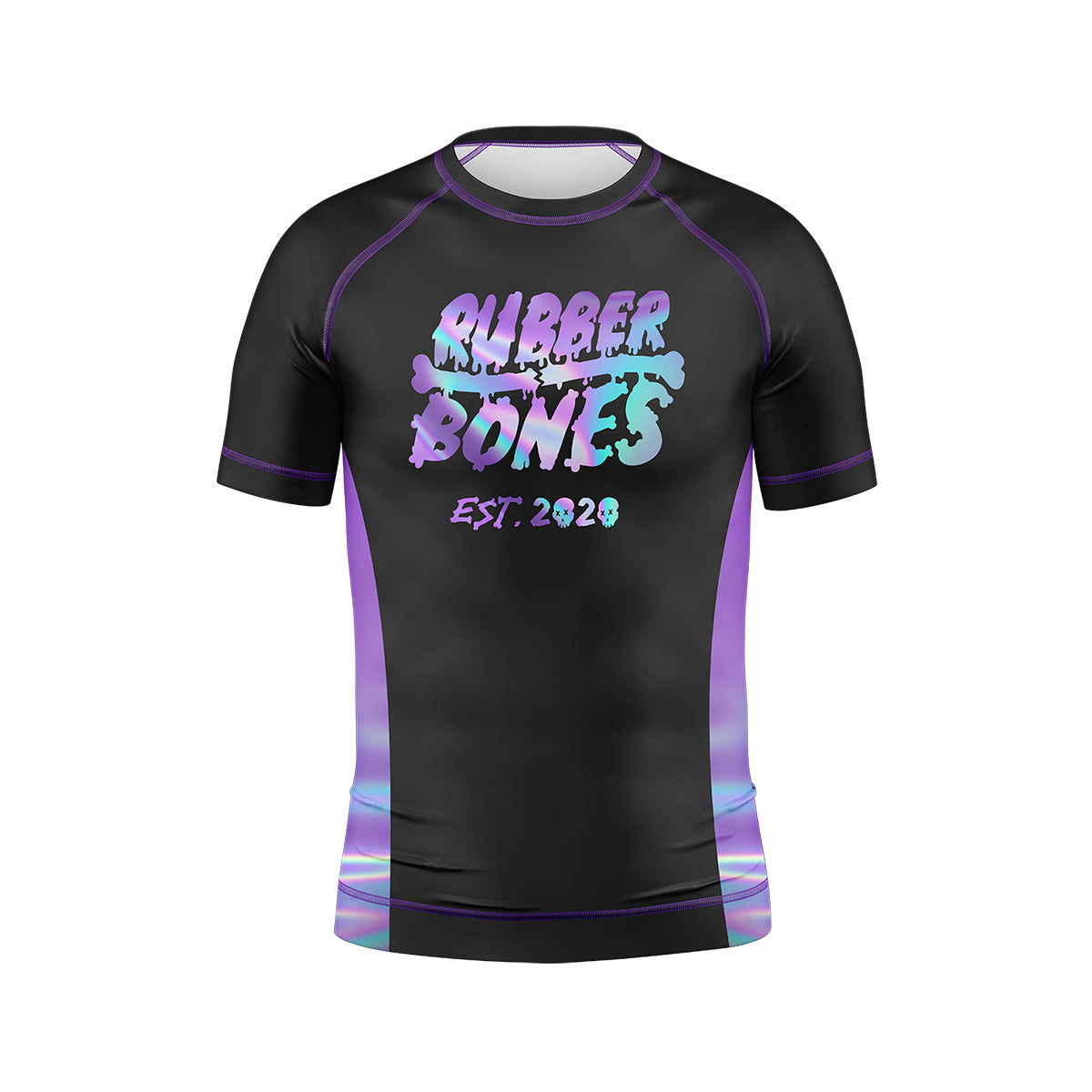 A black kids short-sleeve BJJ rash guard with "Rubber Bones" in a holographic-style font, blending purple, blue, and pink hues. "Est. 2020" is written below in a stylized font. The side panels feature a gradient holographic effect.