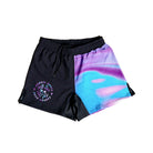 A pair of split-seam grappling shorts with one side in solid black featuring the Rubber Bones dripping skull logo, and the other side in a vibrant holographic gradient of purples, blues, and pinks. The waistband is black with a drawstring for an adjustable fit.