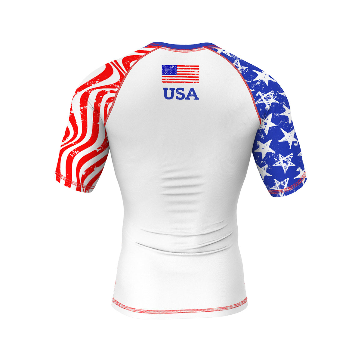 A short-sleeve BJJ rash guard with a white base, featuring a bold USA flag-inspired design. The left sleeve has red and white wavy stripes, while the right sleeve has a distressed blue background with white stars. "USA" and an American flag are printed on the upper back.