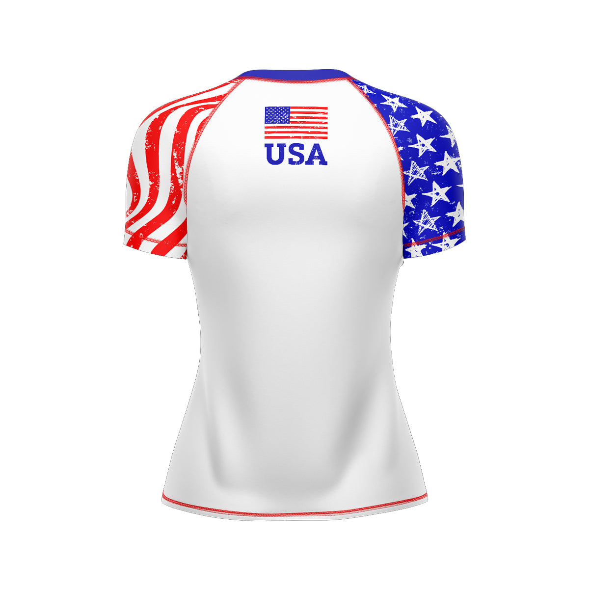 Mock-up of Women's Independence Rash Guard showcasing the back design with patriotic details.