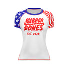 Mock-up of Women's Independence Rash Guard featuring bold patriotic design.