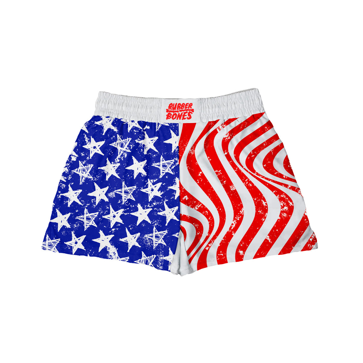 BJJ grappling shorts with a split design. The left side features a blue background with distressed white stars, while the right side showcases red and white wavy stripes. The waistband is white with "Rubber Bones" printed in red at the center.