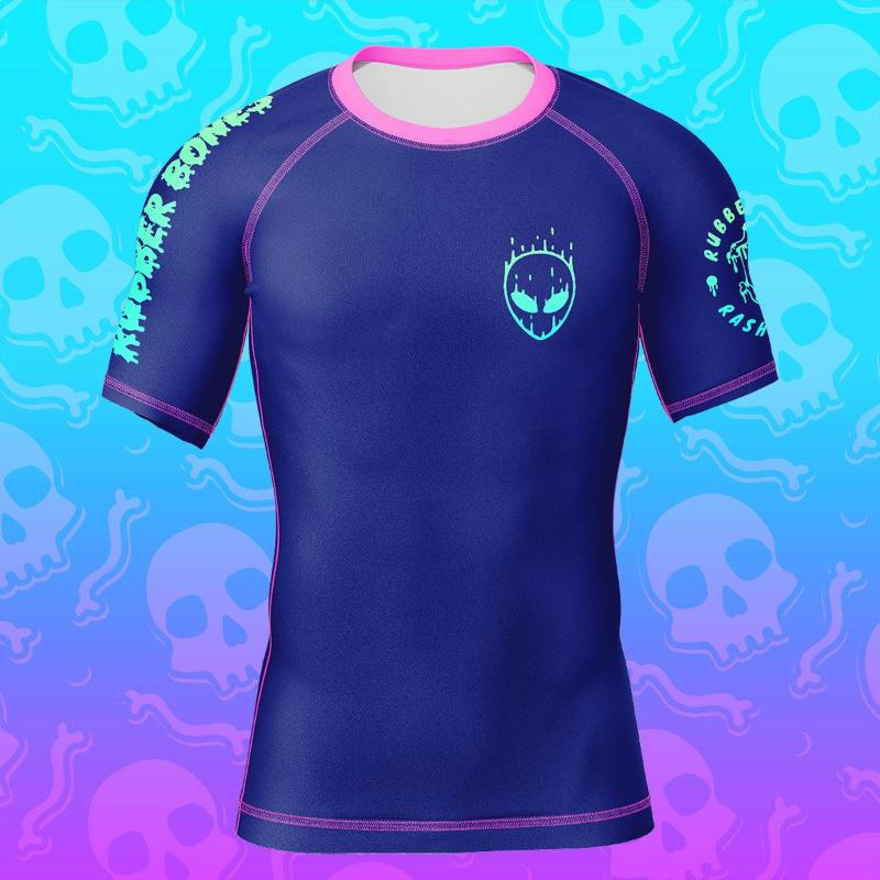 Mock-up of Invasion BJJ Rash Guard featuring bold alien-inspired design, front view.