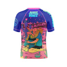 Surreal alien invasion-themed kids rash guard featuring grapplers training in an alien-infested, psychedelic landscape. Bold pink, purple, blue, and green hues create a dreamlike aesthetic.