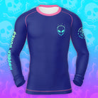 Mock-up of Invasion Long Sleeve BJJ Rash Guard featuring vibrant alien-inspired design, front view.