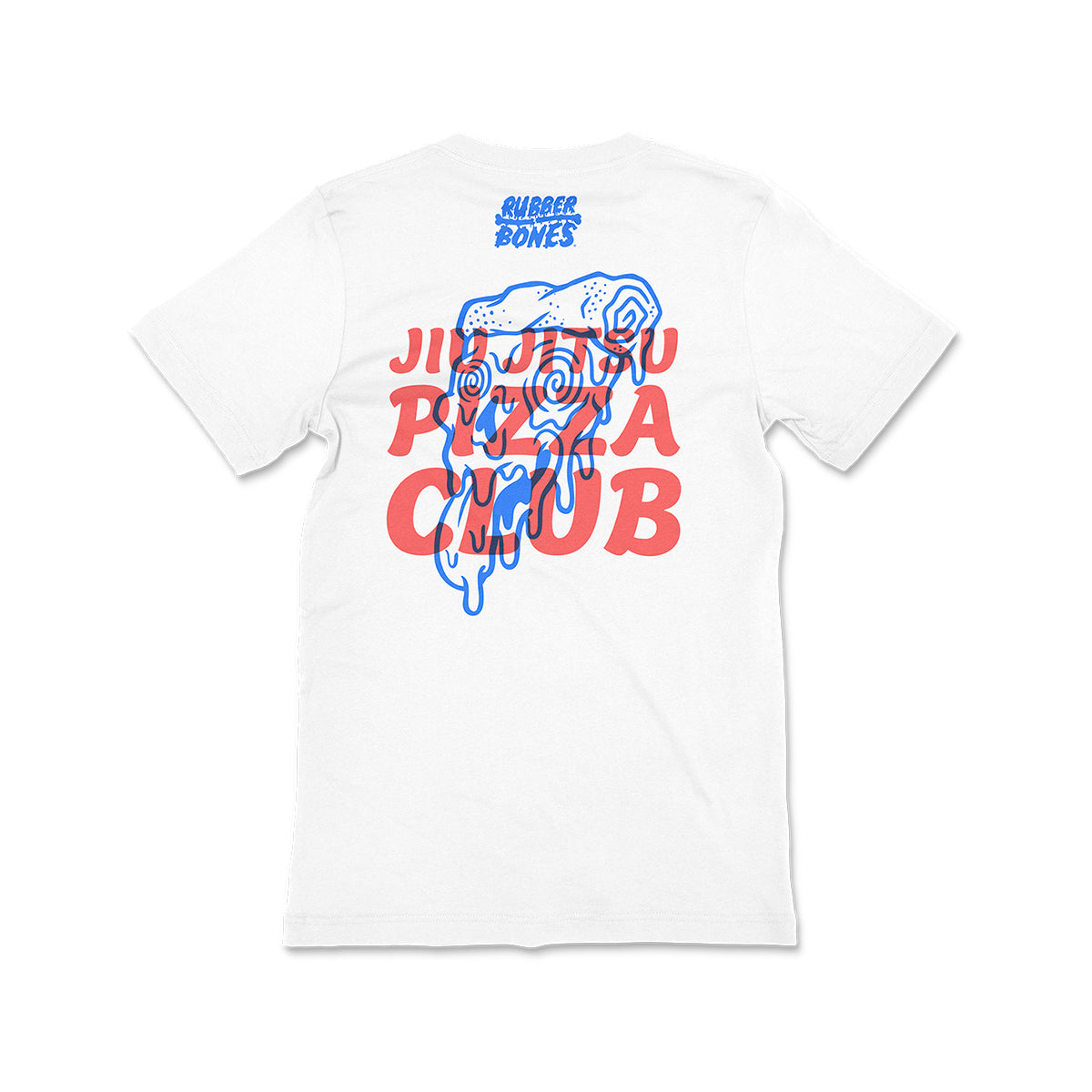 White T-shirt featuring a large blue and red design of a melting pizza slice with spiral eyes, over bold text reading “Jiu-Jitsu Pizza Club."