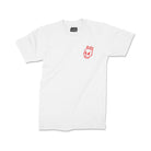 White T-shirt with a small red Rubber Bones Icon skull logo on the left chest. The skull has a melting effect and a hand-drawn style.