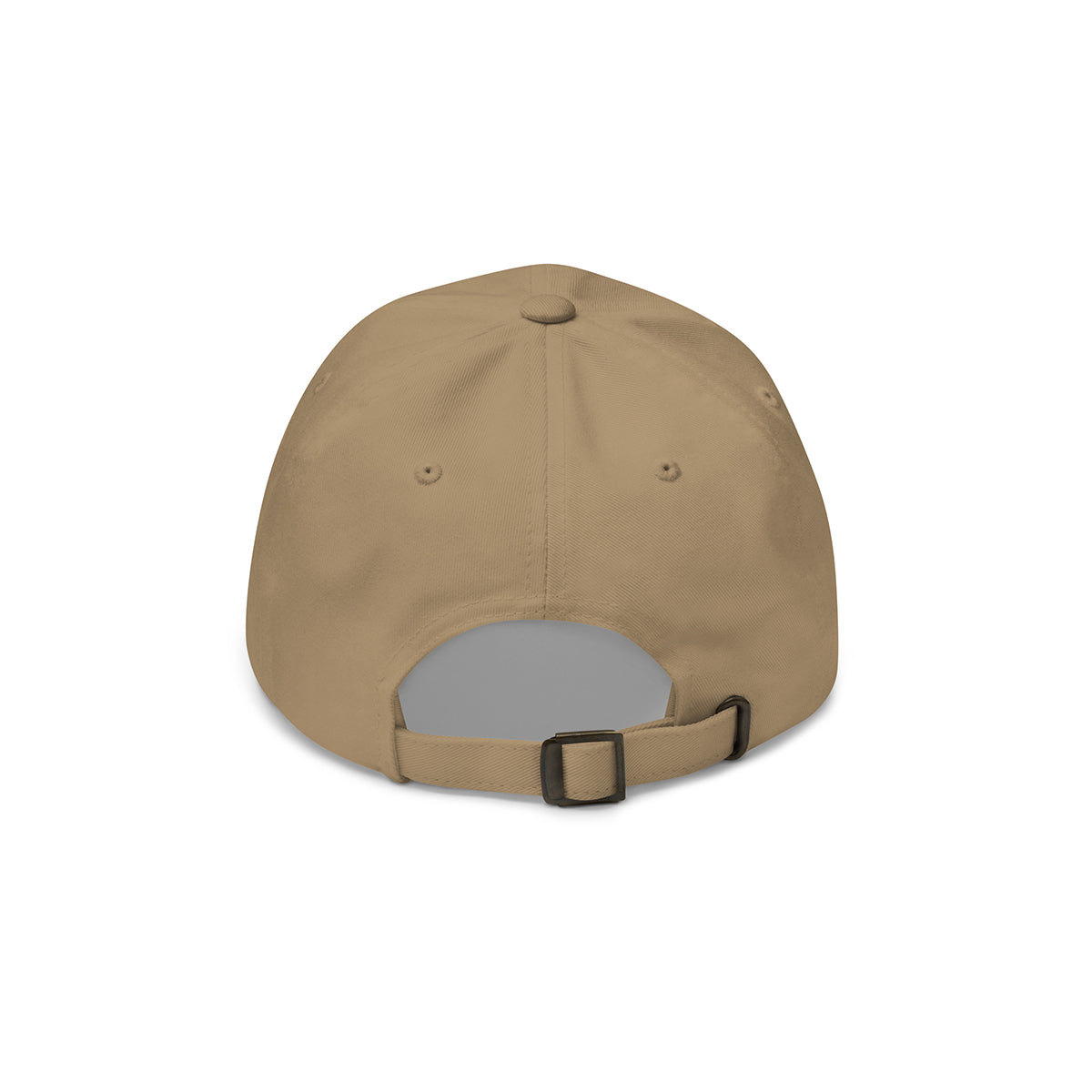 Khaki Dad Hat - Back View: The back of the khaki dad hat, showing an adjustable strap with a metal buckle.