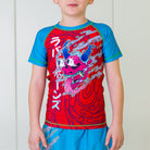 Kids Hannya BJJ Rash Guard, front view, featuring bold Hannya mask design and Japanese lettering.