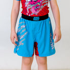 Light blue Hannya Youth BJJ Shorts, front view, featuring Japanese lettering spelling "Rubber Bones" on the left side.