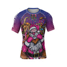 Front view of the Krampus BJJ rash guard with a striking illustration of a sinister Santa, bruised and battle-ready, with Krampus looming in the background. The color scheme blends dark purples and reds with eerie lighting.