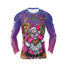 Front view of the long-sleeve Krampus BJJ rash guard, featuring the bold and dynamic artwork of a combat-ready Santa and a menacing Krampus in the shadows. The dark holiday aesthetic makes it a standout piece for grapplers.