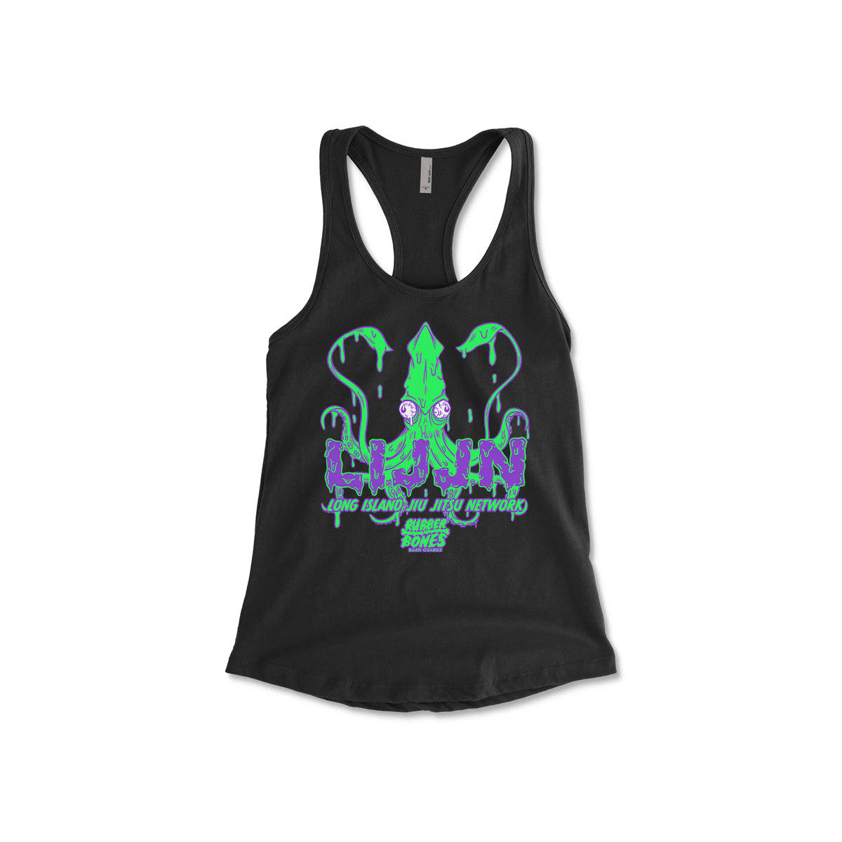 A black women's tank top featuring a neon green and purple squid design with dripping effects, alongside bold, stylized text that reads 'LIJJN - Long Island Jiu Jitsu Network' and 'Rubber Bones' underneath.