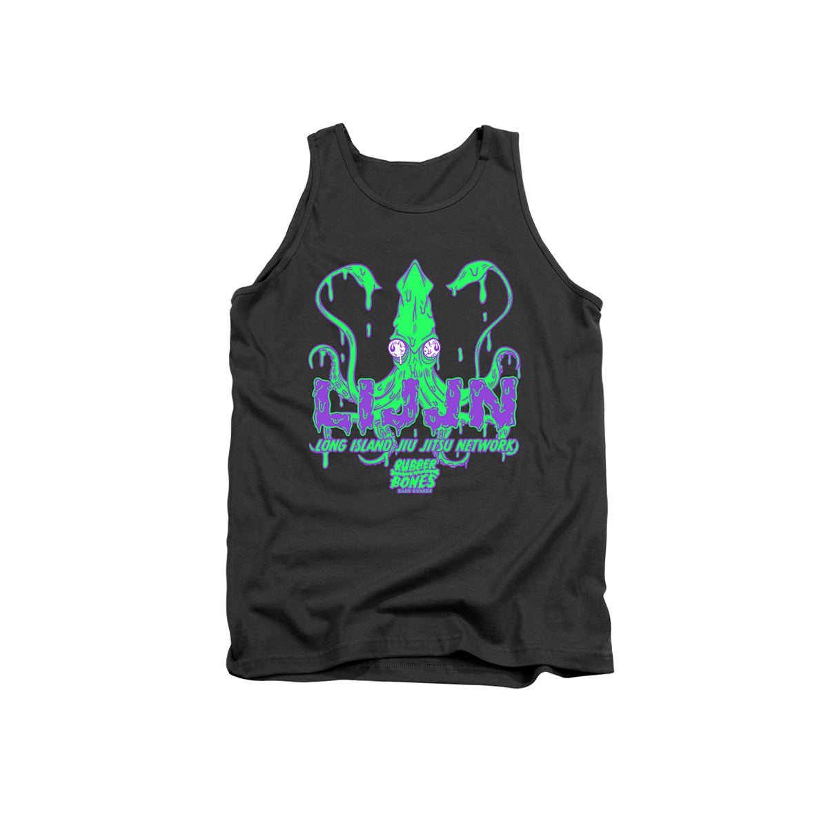 Black tank top featuring a vibrant, neon green and purple graphic of a menacing squid with Jiu-Jitsu belt eyes. The text 'LIJJN' (Long Island Jiu Jitsu Network) appears in a dripping, horror-inspired font, with 'Rubber Bones' branding below. 