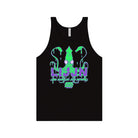 A black tank top featuring a neon green and purple squid design with dripping effects, alongside bold, stylized text that reads 'LIJJN - Long Island Jiu Jitsu Network' and 'Rubber Bones' underneath.