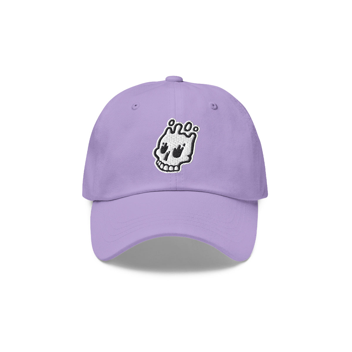 Lavender Dad Hat - Front View: A lavender dad hat with the Rubber Bones icon embroidered in white and black on the front panel.