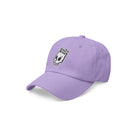 Lavender Dad Hat - Angled View: A side-angled view of the lavender dad hat, featuring the Rubber Bones icon embroidered in white and black.