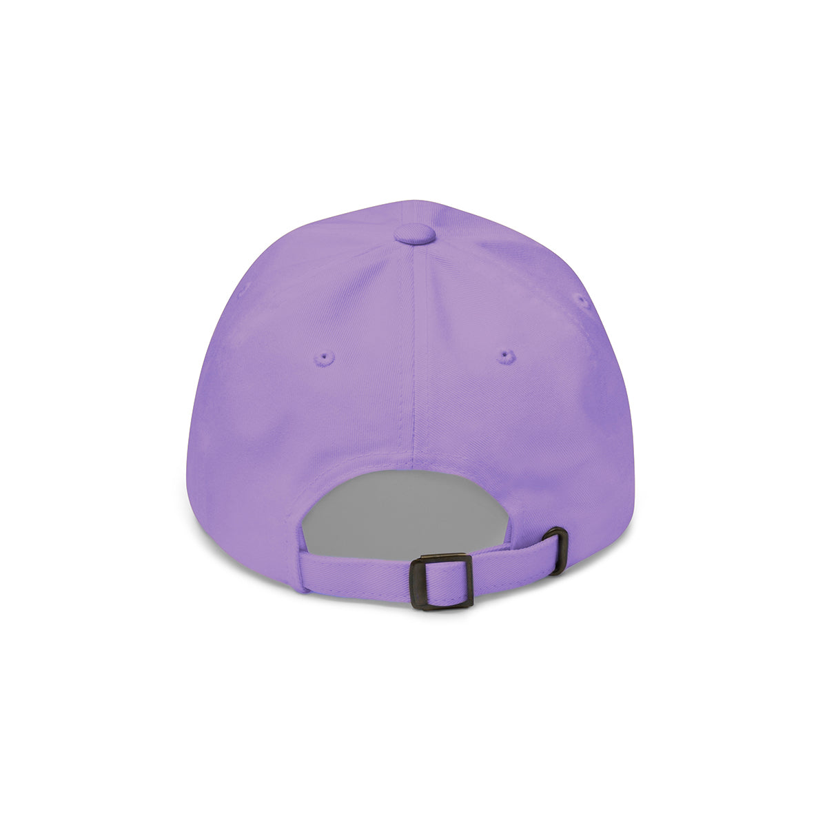 Lavender Dad Hat - Back View: The back of the lavender dad hat, showing an adjustable strap with a metal buckle.