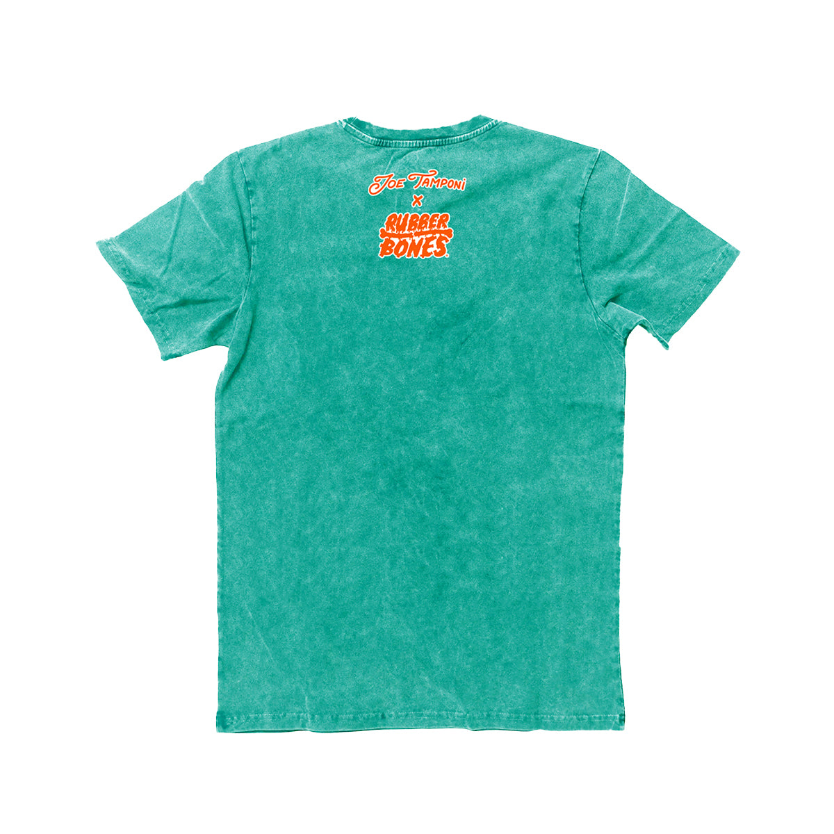 Green mineral washed t-shirt with Joe Tamponi X Rubber Bones graphic on back.