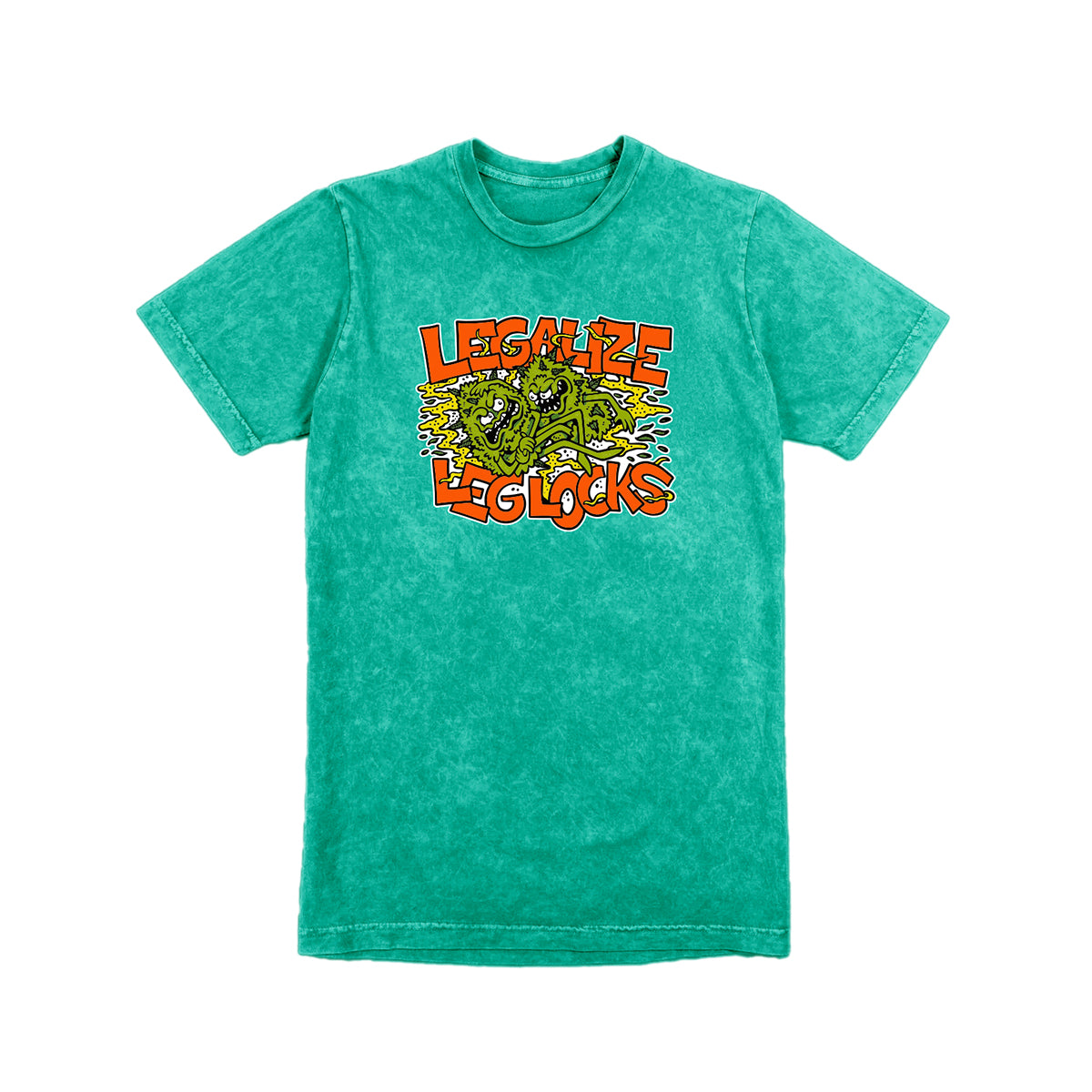Green mineral washed t-shirt with “Legalize Leglocks” graphic and two illustrated monsters across the chest.