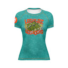 Women’s fit teal green rash guard with Joe Tamponi's “Legalize Leglocks” monster graphic on front and orange patch on left sleeve.