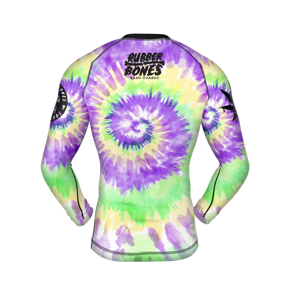 Long-sleeve BJJ rash guard with a vibrant purple, green, and yellow tie-dye spiral pattern. Features the 'Rubber Bones Rash Guards' logo in black on the upper back.