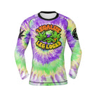 Long-sleeve BJJ rash guard with a bold 'Legalize Leg Locks' graphic on the chest, featuring illustrated grappling-themed leaves. Sleeves include additional branding and graphics.