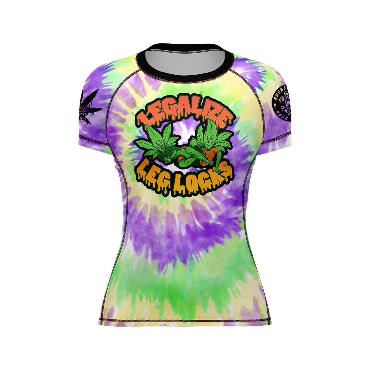 Women's short-sleeve BJJ rash guard with a bold 'Legalize Leg Locks' graphic on the chest, featuring illustrated grappling-themed leaves. Sleeves include additional branding and graphics.