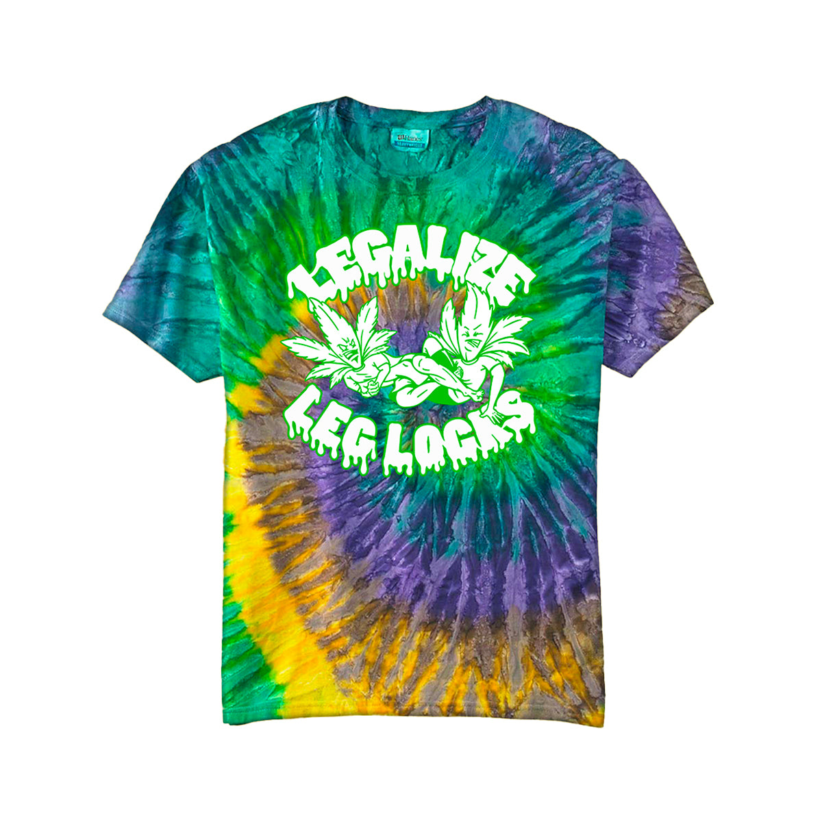 A vibrant tie-dye t-shirt featuring a mix of green, yellow, purple, and blue hues in a spiral pattern. The front showcases a bold neon green graphic with the words “LEGALIZE LEG LOCKS” in a dripping font. Below the text, two cartoonish cannabis leaves with aggressive expressions are engaged in a grappling exchange, reinforcing the playful yet rebellious jiu-jitsu theme.