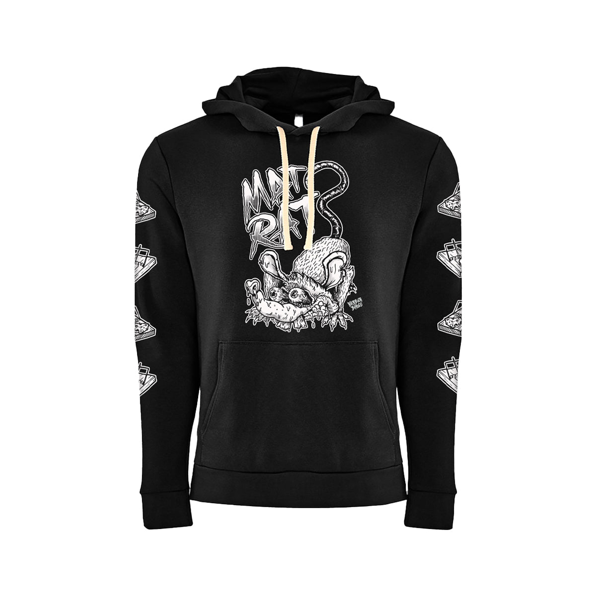 Black hoodie featuring a detailed, hand-drawn 'Mat Rat' graphic on the front, depicting a gritty, battle-worn rat with a fierce expression. The sleeves are decorated with repeating illustrations of rat traps, adding to the edgy, underground aesthetic. The hoodie has contrasting cream-colored drawstrings and a kangaroo pocket for comfort and style—perfect for grapplers who embrace the grind with attitude.