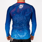 Back view of Men's Yeti Games long sleeve rash guard showing white Rubber Bones skull logo at top, skeleton skier Yeti design, red neckline band, full-length blue compression sleeves.