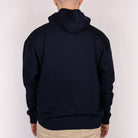 Back view of navy Yeti Games hoodie showing clean back panel, double-drawstring hood, and heavyweight Independent Trading Co fleece construction.