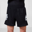Front view of Men’s Ash BJJ Shorts in black with white Rubber Bones logo and subtle gray marble accents.