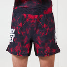 Men’s Embers BJJ Shorts – red and black marble pattern with white Rubber Bones logo on left leg, front view on plain background.