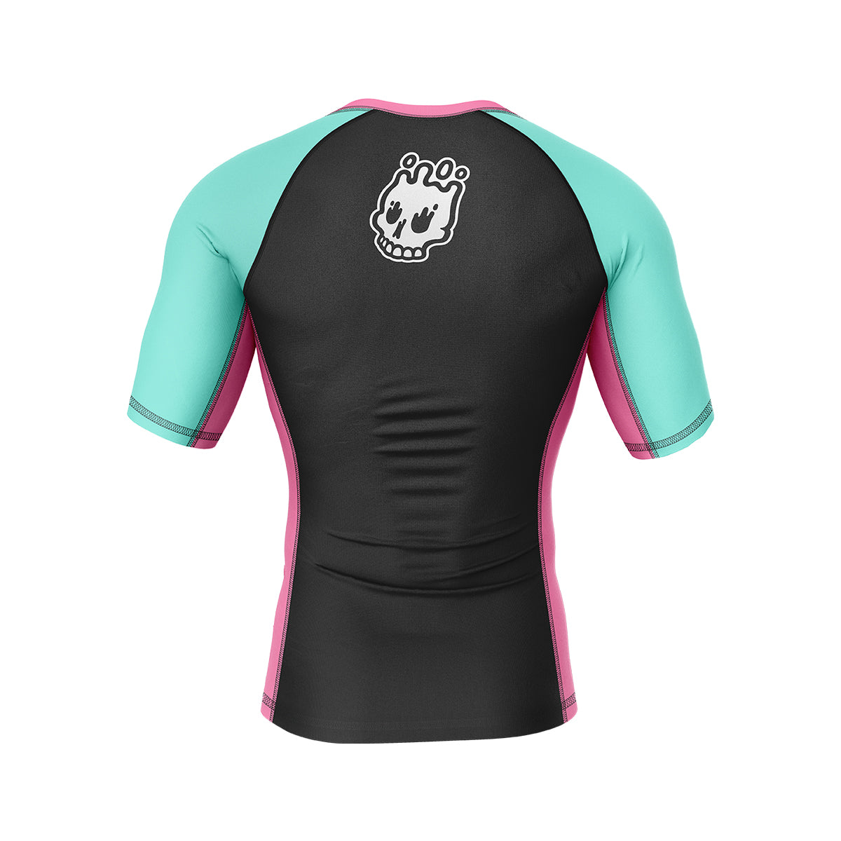 Short-sleeve rash guard with a black back panel, teal mint sleeves, and pink side panels. The Rubber Bones white skull icon is printed at the upper center back.
